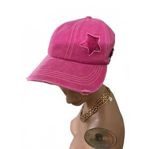 Pink distressed adjustable ponytail baseball hat